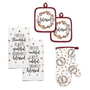 Blessed Wreath Always Grateful Kitchen Towels Potholder Oven Mitt 5-Pc Cotton